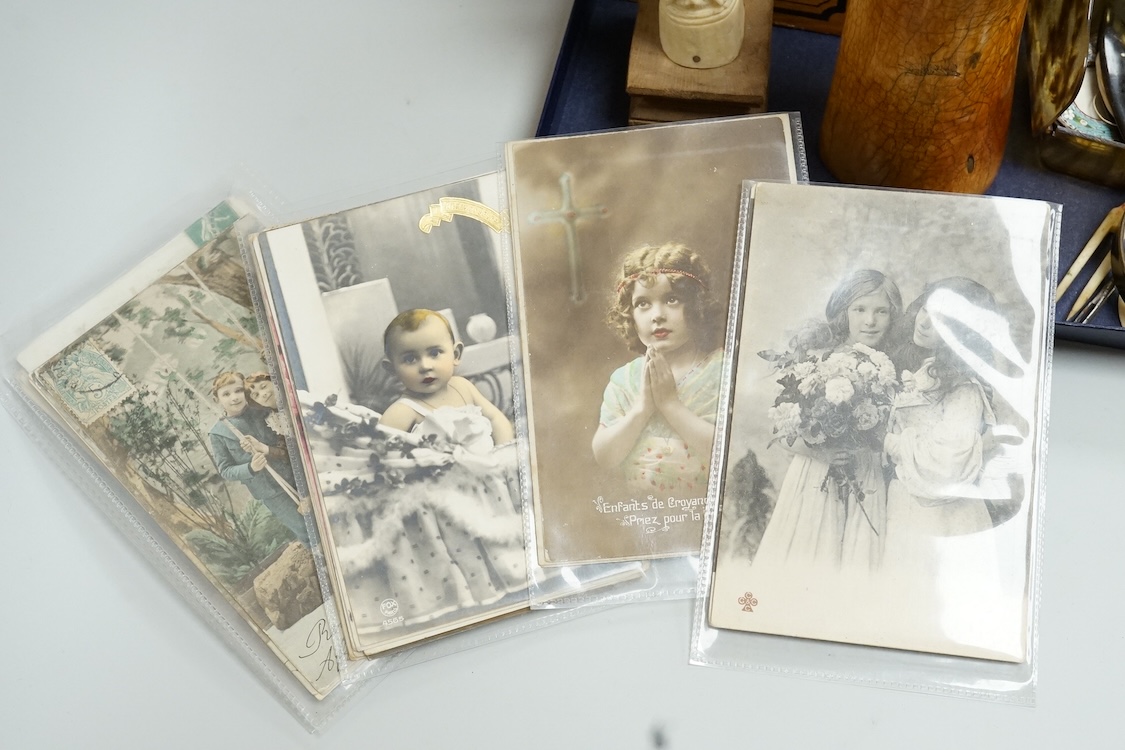 A group of mixed collectables including postcards, bone items, Chinese miniature hardstone flowers, etc.